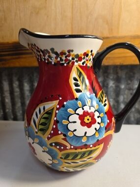 Emily Designs Red Floral Ceramic Pitcher with Blue and Yellow Accents